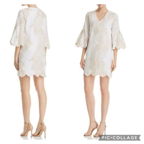 Le Gali Albany Dress Embroidered Scalloped Sleeves V-Neck Size Medium - Picture 1 of 12
